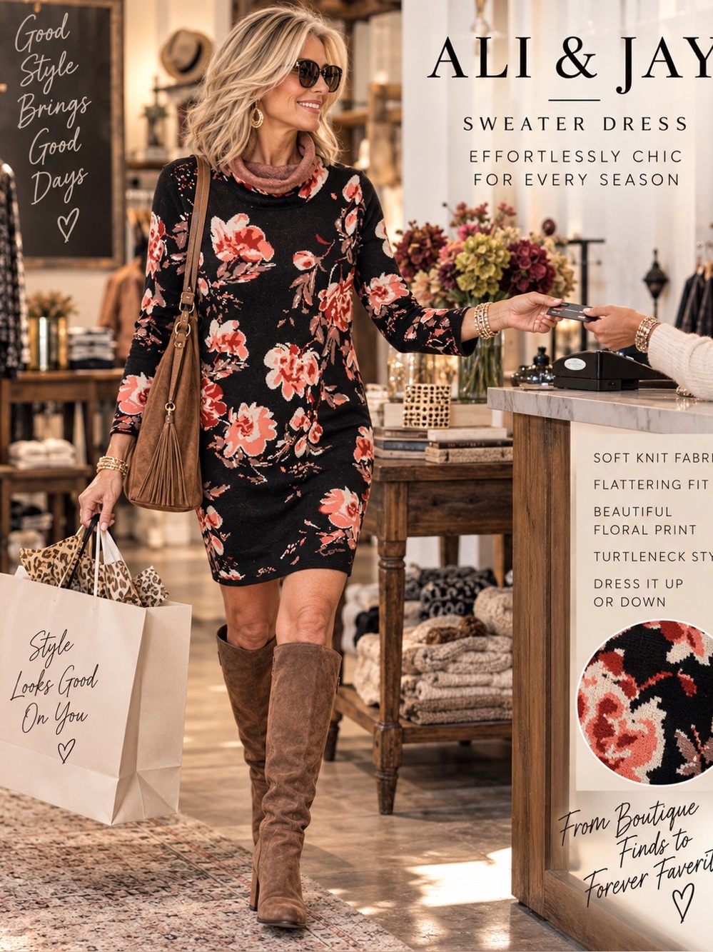 ALI & JAY Black Long-Sleeve Floral Shift Dress with Pink Blooms Medium